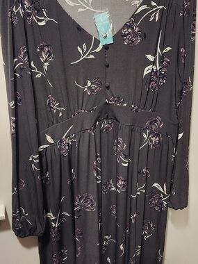 Maurices Charcoal Floral V-Neck Dress with Purple Accents